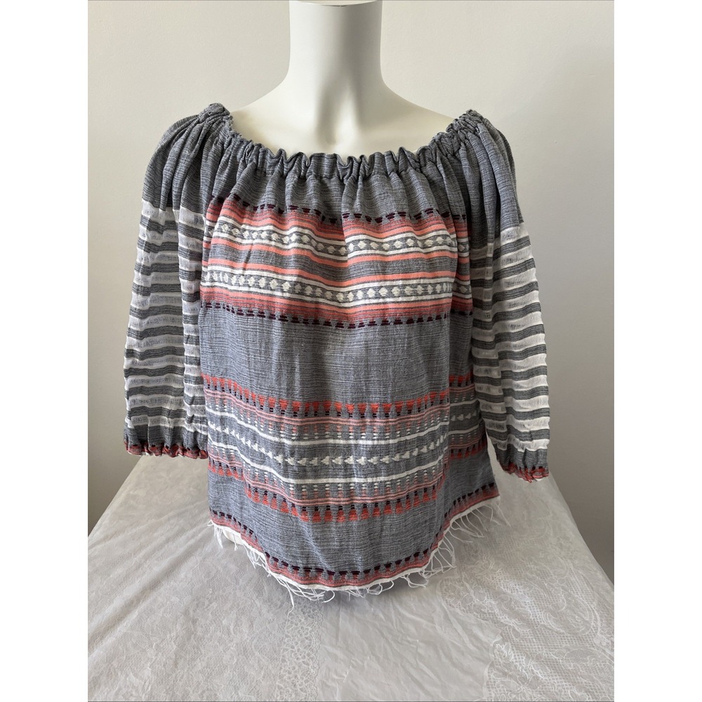 Lemlem Cotton Blend Off Shoulder Peasant Blouse Fringe Striped Beach Boho Small